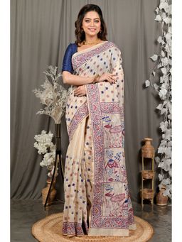 DipDiya - Women Dhriti Off White Cotton Bengali Kantha Stitch Saree with Unstitched Blouse