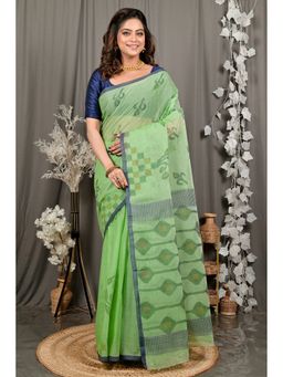 DipDiya - Dipui Green Pure Cotton Bengali Printed Tant Saree without Blouse