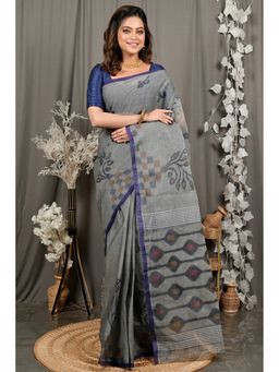 DipDiya - Dipui Grey Pure Cotton Bengali Printed Tant Saree without Blouse