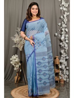 DipDiya - Dipui Light Blue Pure Cotton Bengali Printed Tant Saree without Blouse