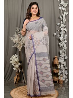 DipDiya - Dipui Light Brown Pure Cotton Bengali Printed Tant Saree without Blouse