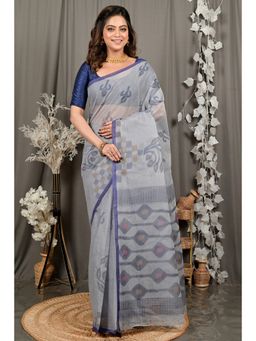 DipDiya - Dipui Assh Grey Pure Cotton Bengali Printed Tant Saree without Blouse