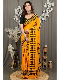 DipDiya - Febui Yellow Pure Cotton Traditional Bengali Printed Handloom Saree without Blouse
