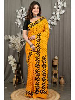 DipDiya - Febuitwo Yellow Pure Cotton Bengali Printed Handloom Saree without Blouse
