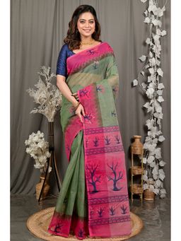 DipDiya - Fevai Green Pure Cotton Traditional Bengali Jamdani Saree without Blouse