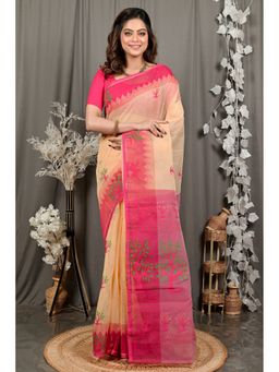 DipDiya - Fevai Cream Pure Cotton Traditional Bengali Jamdani Saree without Blouse
