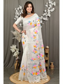DipDiya - Finesi White Blended Cotton Traditional Bengali Saree with Unstitched Blouse