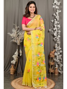 DipDiya - Finesi Yellow Blended Cotton Traditional Bengali Saree with Unstitched Blouse