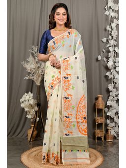 DipDiya - Fivani Off White Orange Cotton Bengali Jamdani Saree with Unstitched Blouse