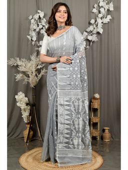 DipDiya - Folai Grey Cotton Traditional Bengali Jamdani Saree without Blouse