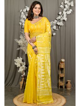 DipDiya - Folai Yellow Cotton Traditional Bengali Jamdani Saree without Blouse