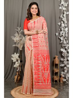 DipDiya - Folai Cream Cotton Traditional Bengali Jamdani Saree without Blouse
