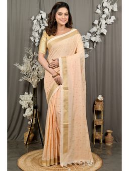 DipDiya - Foyma Cream Pure Cotton Bengali Printed Tant Saree with Unstitched Blouse