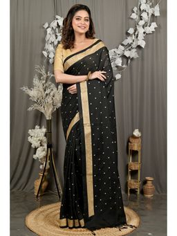 DipDiya - Foyma Black Pure Cotton Bengali Printed Tant Saree with Unstitched Blouse