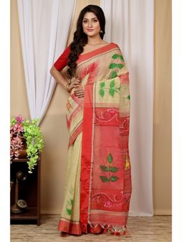 DipDiya - Albela Cream Red Blended Cotton Traditional Bengali Saree without Blouse