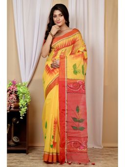 DipDiya - Albela Yellow Red Blended Cotton Traditional Bengali Saree without Blouse