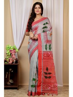 DipDiya - Albela Grey Red Blended Cotton Traditional Bengali Saree without Blouse