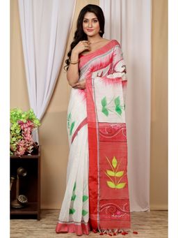 DipDiya - Albela White Red Blended Cotton Traditional Bengali Saree without Blouse