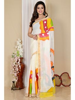 DipDiya - Multi-Coloured Women Hataka Pure Cotton Bengali Hand Painted Saree without Blouse