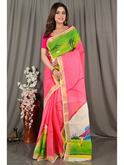 DipDiya - Hataka Pink Pure Cotton Traditional Bengali Hand Painted Saree without Blouse