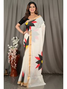DipDiya - Hataka White Pure Cotton Traditional Bengali Hand Painted Saree without Blouse