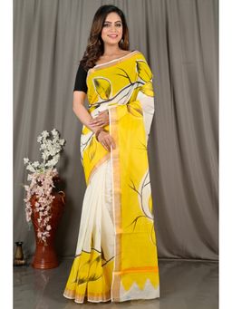 DipDiya - Women Hataka Yellow Cotton Traditional Bengali Hand Painted Saree without Blouse