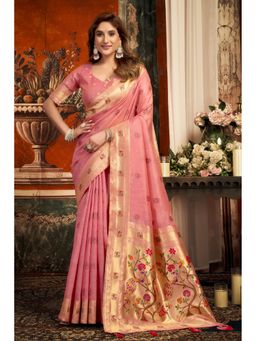 Mysilklove - Amaranth Pink Zari Woven Pathani Saree with Unstitched Blouse