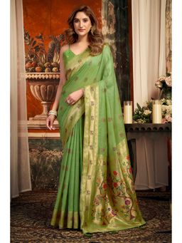Mysilklove - Celadon Green Zari Woven Pathani Saree with Unstitched Blouse
