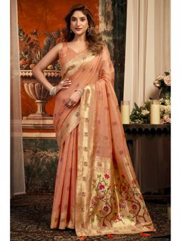 Mysilklove - Heather Peach Zari Woven Pathani Saree with Unstitched Blouse