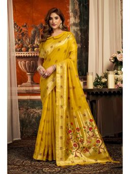 Mysilklove - Sunny Yellow Zari Woven Pathani Saree with Unstitched Blouse