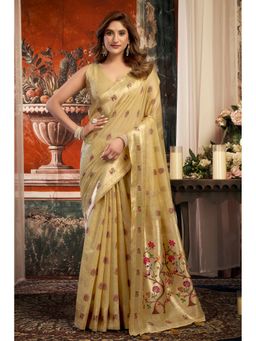 Mysilklove - Bone Cream Zari Woven Pathani Saree with Unstitched Blouse
