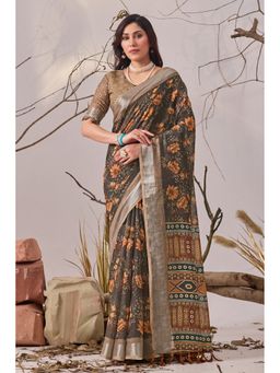 Anjaneya Sarees - Women Mustard Linen Floral Saree with Unstitched Blouse