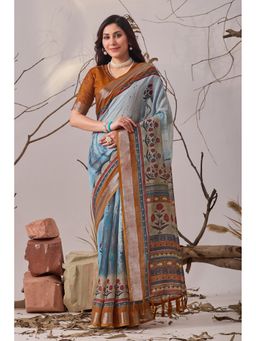 Anjaneya Sarees - Women Blue Linen Floral Saree with Unstitched Blouse