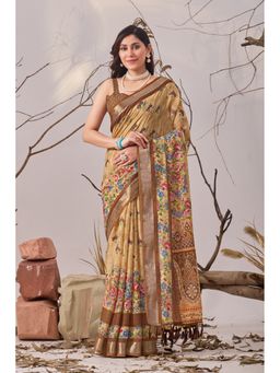 Anjaneya Sarees - Women Mustard Linen Floral Saree with Unstitched Blouse