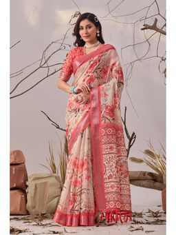 Anjaneya Sarees - Women Beige Linen Floral Saree with Unstitched Blouse