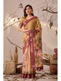 Anjaneya Sarees - Women Yellow Linen Floral Saree with Unstitched Blouse