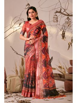 Anjaneya Sarees - Women Red Linen Geometric Saree with Unstitched Blouse
