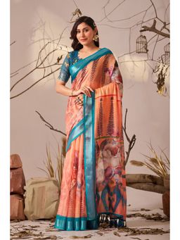Anjaneya Sarees - Women Orange Linen Floral Saree with Unstitched Blouse