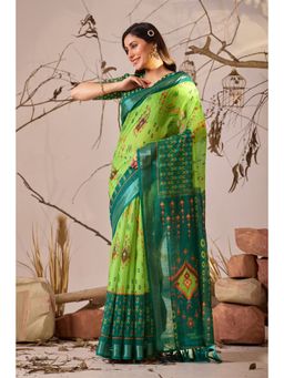 Anjaneya Sarees - Women Green Linen Geometric Saree with Unstitched Blouse