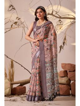 Anjaneya Sarees - Women Peach Linen Floral Saree with Unstitched Blouse