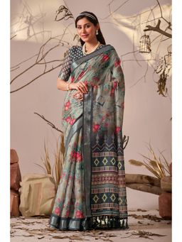 Anjaneya Sarees - Women Green Linen Floral Saree with Unstitched Blouse