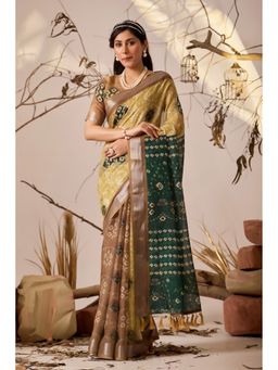 Anjaneya Sarees - Women Mustard Linen Geometric Saree with Unstitched Blouse