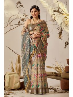 Anjaneya Sarees - Women Beige Linen Floral Saree with Unstitched Blouse