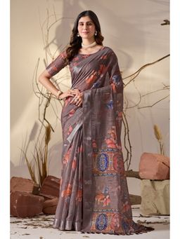 Anjaneya Sarees - Women Brown Linen Floral Saree with Unstitched Blouse