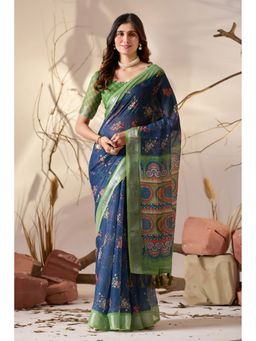 Anjaneya Sarees - Women Blue Linen Abstract Saree with Unstitched Blouse