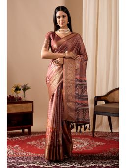 Anjaneya Sarees - Women Peach Silk Geometric Saree with Unstitched Blouse