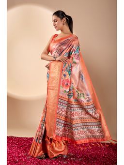 Anjaneya Sarees - Women Orange Silk Floral Saree with Unstitched Blouse