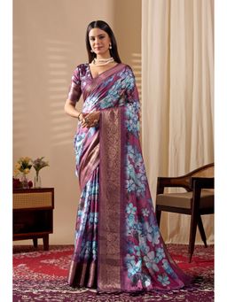 Anjaneya Sarees - Women Blue Silk Floral Saree with Unstitched Blouse