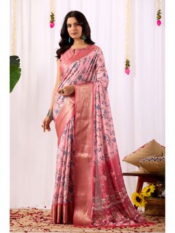 Anjaneya Sarees - Women Peach Silk Floral Saree with Unstitched Blouse