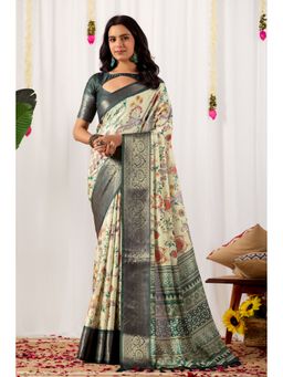 Anjaneya Sarees - Women Yellow Silk Floral Saree with Unstitched Blouse